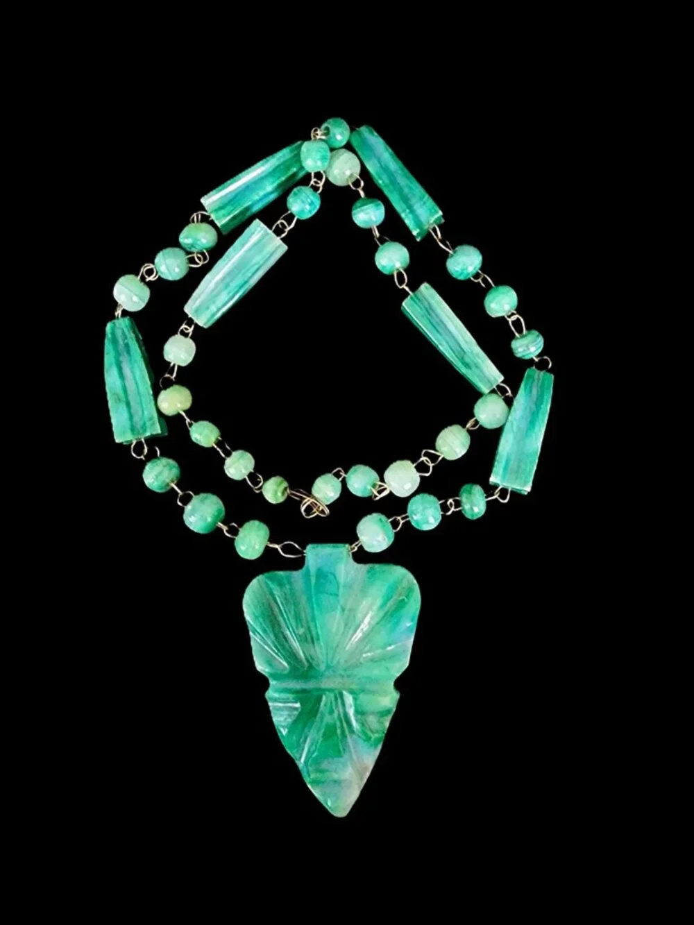 VTG 1950s Mid Century Mexican Green Onyx Aztec Warrior Mask Necklace 24”